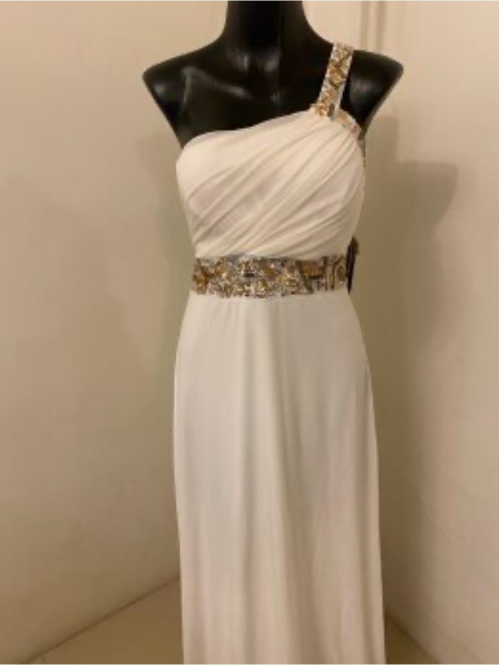 Sequin Hearts White One-Shoulder Evening Gown with Gold Embellished Strap